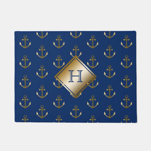Marine-Blau-Seegold verankert Monogramm Fußmatte (Vorderseite)