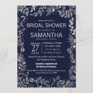 Marine-Blau-Silber-BlumenGlitzer-Brautparty Einladung