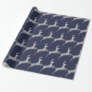 Marine-Blau-Silber-Ren-Weihnachtsmuster Geschenkpapier
