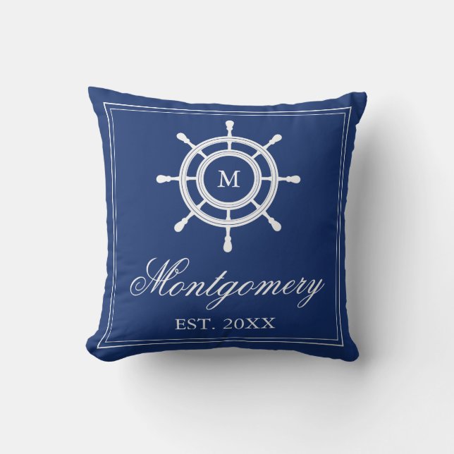 Marine-Blau-Steuer-Monogramm u. Familienname Kissen (Vorderseite)