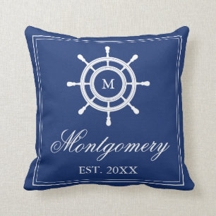 Marine-Blau-Steuer-Monogramm u. Familienname Kissen