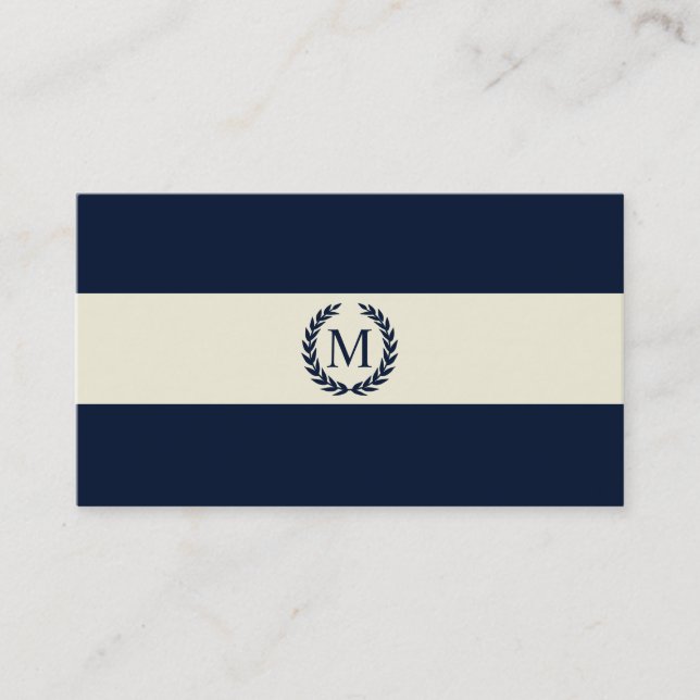 Marine-Blau u. Creme-Streifen-Monogramm Visitenkarte (Vorderseite)
