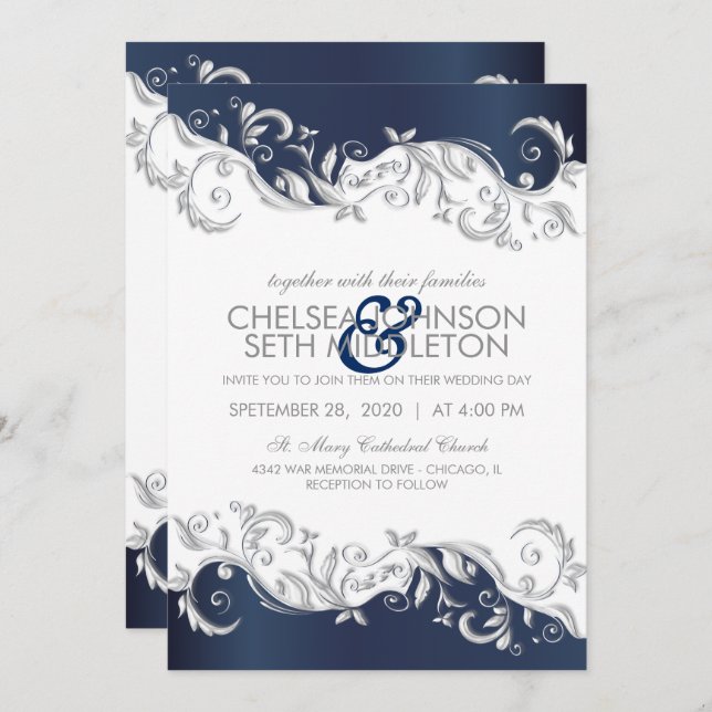 Marine-Blau-u. weißerblumenWirbel, der Einladung (Vorne/Hinten)