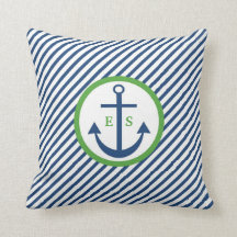 Marine-Blau-und Grün-Anker-Monogramm-Kissen