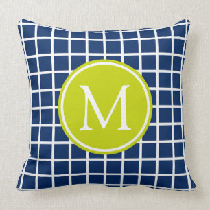 Marine-Blau und Limones grünes Gitter-Monogramm Kissen