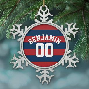 Marine-Blau-und Rot-Rugby-Streifen-Namenszahl Schneeflocken Zinn-Ornament