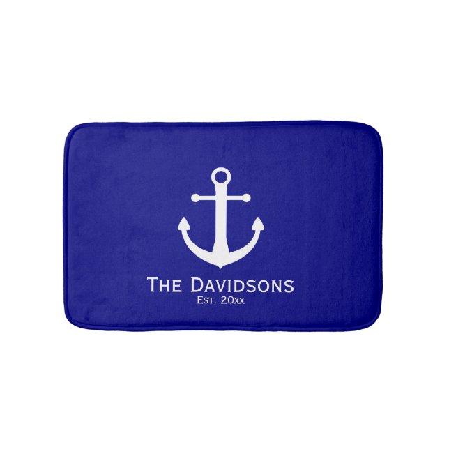 Marine-Blau-und Weiß-Familienname und Est. Anker Badematte (Vorderseite)