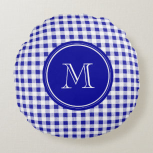 Marine-Blau-und Weiß-Gingham, Ihr Monogramm Rundes Kissen