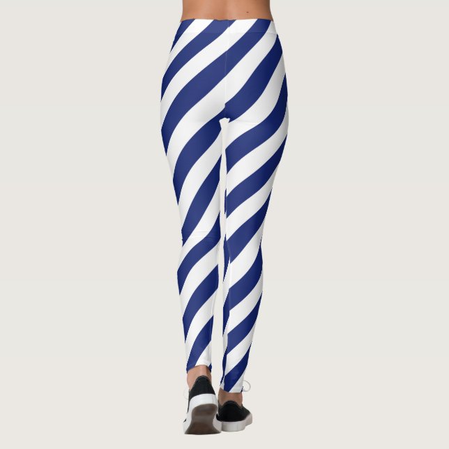 Marine-Blau-und weißesdiagonales Streifen-Muster Leggings (Rückseite)
