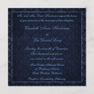 Marine-Blau-Vintage Damast-Hochzeits-Einladung Einladung