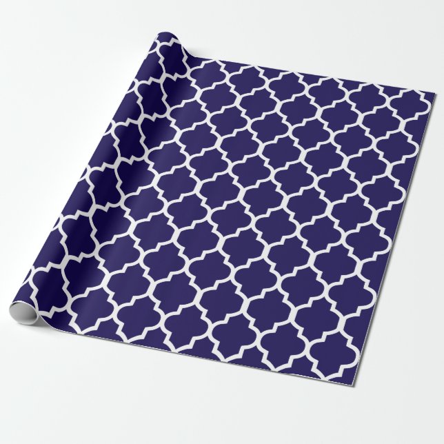 Marine-Blau weiße Quatrefoil kundenspezifische Geschenkpapier (Ungerollt)