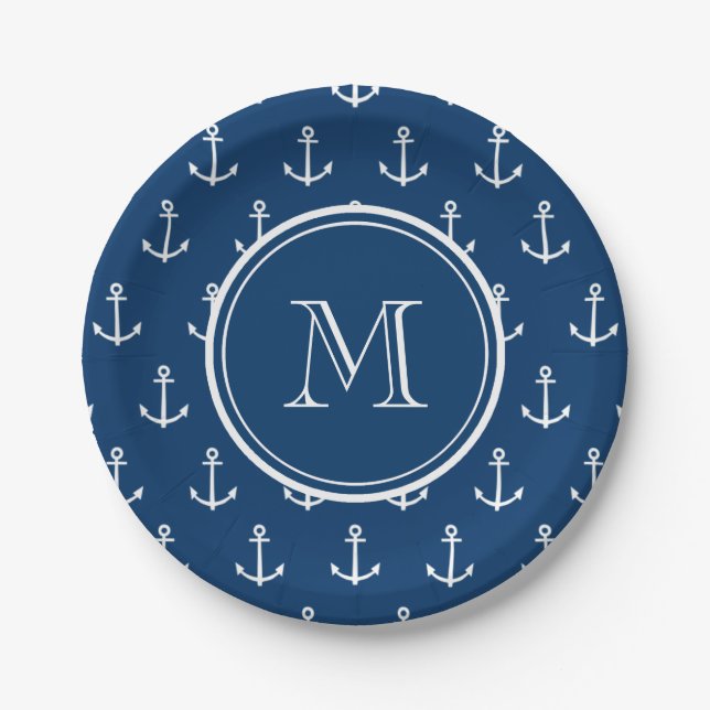 Marine-Blau-weißes Anker-Muster, Ihr Monogramm Pappteller (Vorderseite)