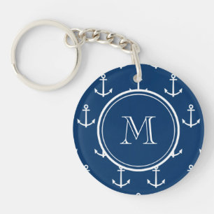 Marine-Blau-weißes Anker-Muster, Ihr Monogramm Schlüsselanhänger