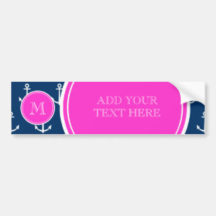 Marine-Blau-weißes Anker-Muster, Pink-Monogramm Autoaufkleber