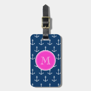 Marine-Blau-weißes Anker-Muster, Pink-Monogramm Gepäckanhänger