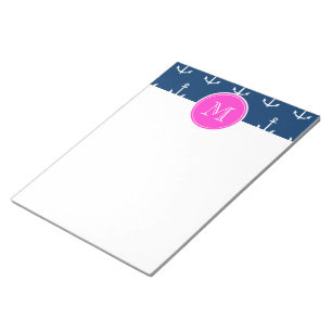 Marine-Blau-weißes Anker-Muster, Pink-Monogramm Notizblock