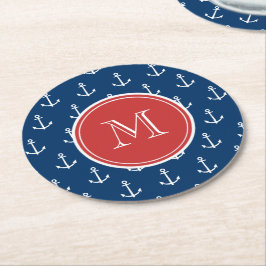 Marine-Blau-weißes Anker-Muster, rotes Monogramm Runder Pappuntersetzer