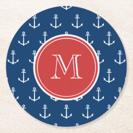 Marine-Blau-weißes Anker-Muster, rotes Monogramm Runder Pappuntersetzer
