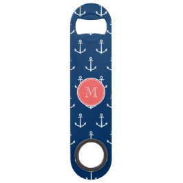 Marine-Blau-weißes Anker-Muster, rotes Monogramm Speed Flaschenöffner