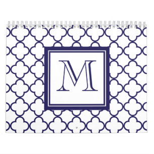 Marine-Blau, weißes Quatrefoil   Ihr Monogramm Kalender