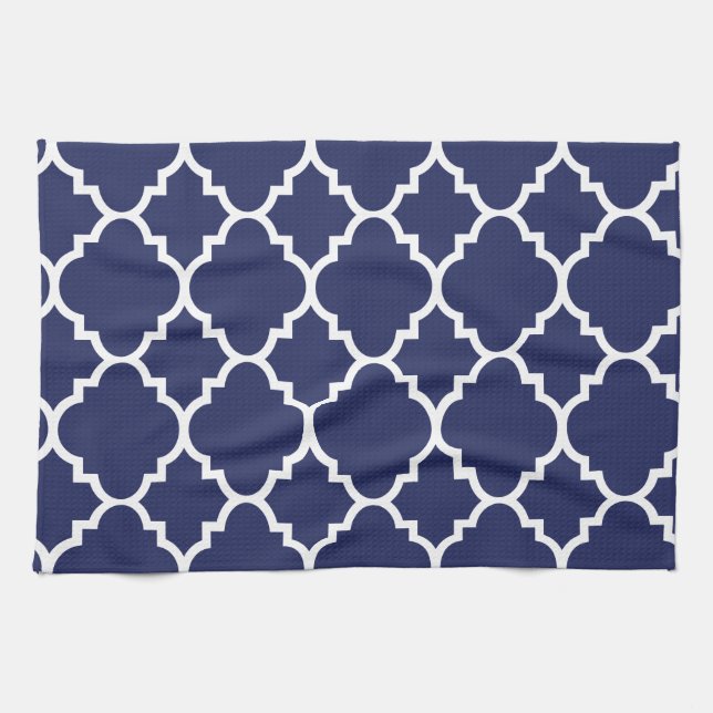 Marine-Blau weißes Quatrefoil Marokkaner-Muster Handtuch (Horizontal)