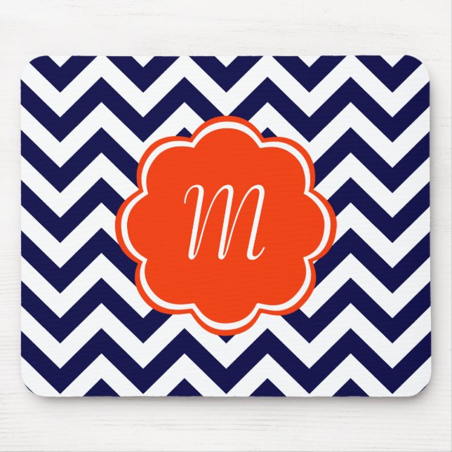Marine-Blau-Zickzack Monogramm Mousepad (Vorne)