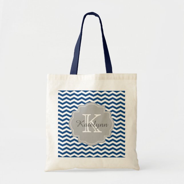 Marine-Blau-Zickzack Monogramm-Taschen-Tasche Tragetasche (Vorne)