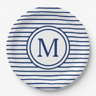 Marine-blaue Streifen auf weißem Monogramm Pappteller