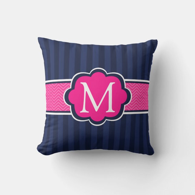Marine-blaue Streifen-Pink-Gewohnheits-Monogramm Kissen (Vorderseite)