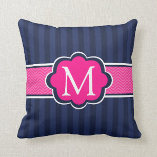Marine-blaue Streifen-Pink-Gewohnheits-Monogramm Kissen