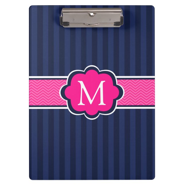 Marine-blaue Streifen-Pink-Gewohnheits-Monogramm Klemmbrett (Vorderseite)