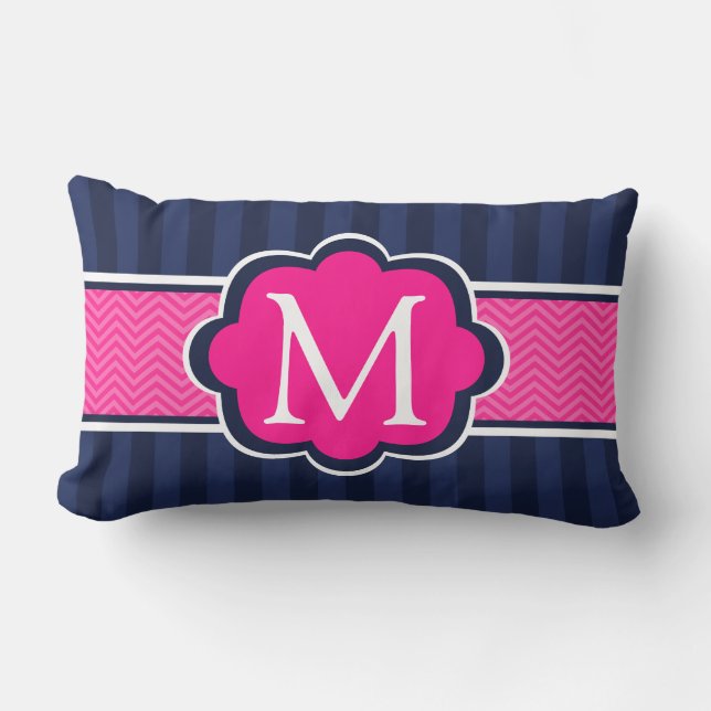 Marine-blaue Streifen-Pink-Gewohnheits-Monogramm Lendenkissen (Vorderseite)