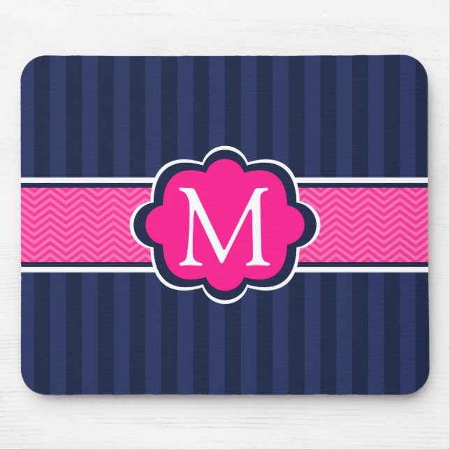 Marine-blaue Streifen-Pink-Gewohnheits-Monogramm Mousepad (Vorne)