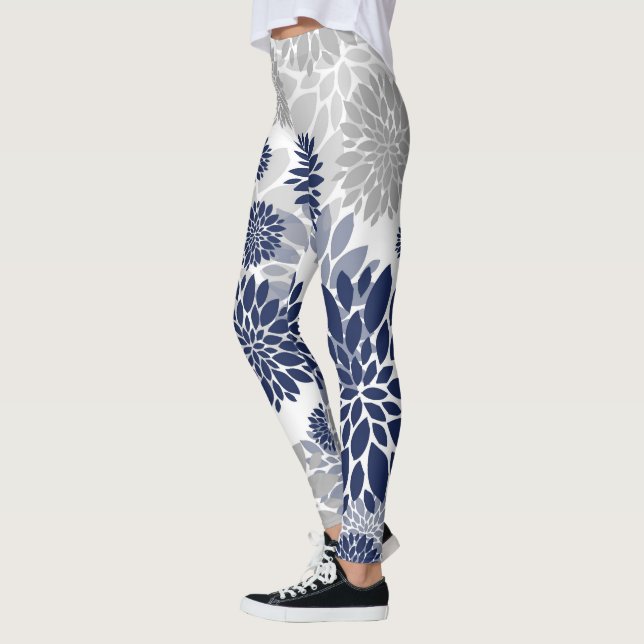 Marine-blaues Grau-Blumen-Muster Leggings (Links)