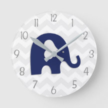Marine-blaues Grau-Elefant-Kinderzimmer-Wand-Uhr