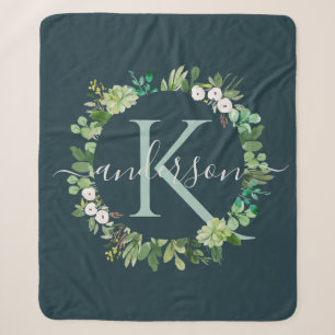 MARINE-BLAUES GRAU-KRANZ-LAUB-AQUARELL-MONOGRAMM SHERPADECKE