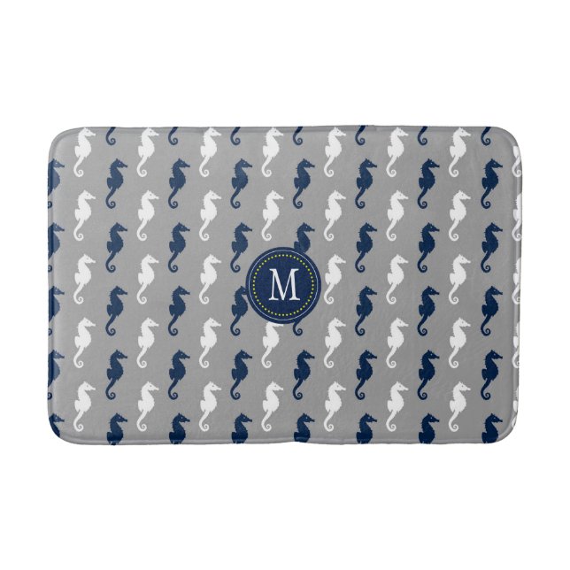 Marine-blaues Grau-Seepferd-Muster-Monogramm Badematte (Vorderseite)