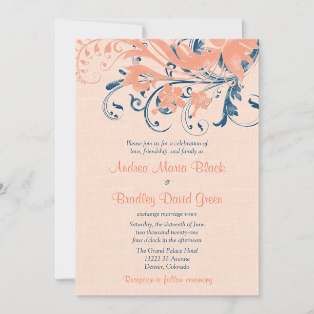 Marine Blue Coral Peach Floral Wedding Einladung (Vorderseite)