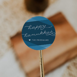 Marine Blue Geo Script | Happy Hanukkah Runder Aufkleber