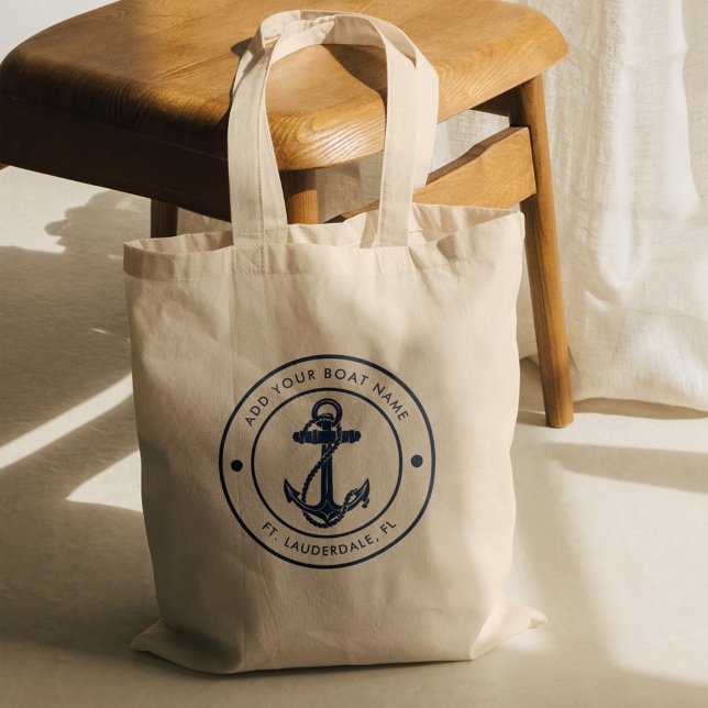 Marine Blue Nautical Anchor Bootsname Custom Tragetasche (Nautical Anchor Captain Sailor Navy Blue Boating Tote Bag)