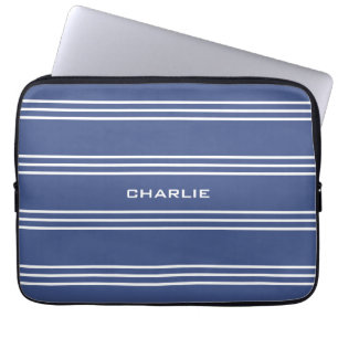 Marine Blue Stripes benutzerdefinierte Monogramm-L Laptopschutzhülle