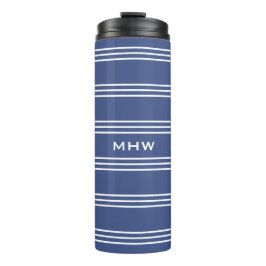 Marine Blue Stripes benutzerdefinierter Monogramm- Thermosbecher