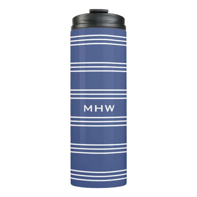 Marine Blue Stripes benutzerdefinierter Monogramm- Thermosbecher (Vorderseite)
