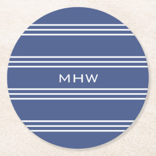 Marine Blue Stripes kundenspezifische Monogramm-Un Runder Pappuntersetzer