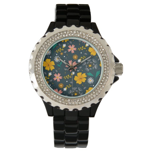 Marine Blumen-Garten Whimsical Frühlingsmuster Armbanduhr (Vorderseite)