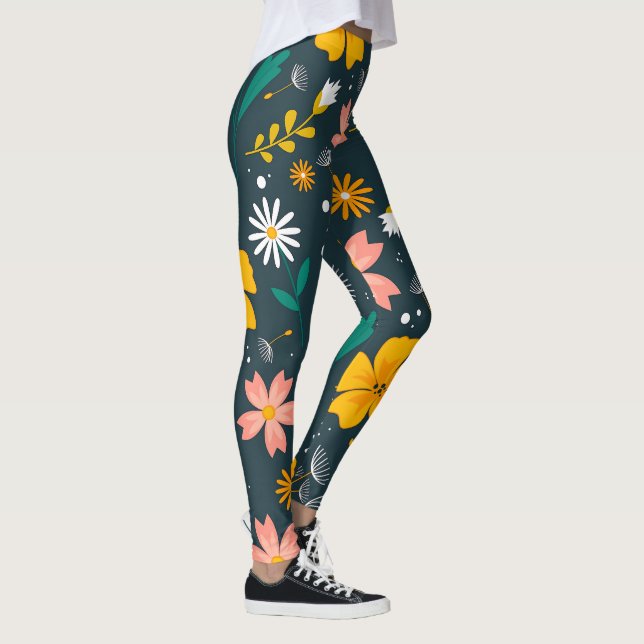 Marine Blumen-Garten Whimsical Frühlingsmuster Leggings (Rechts)