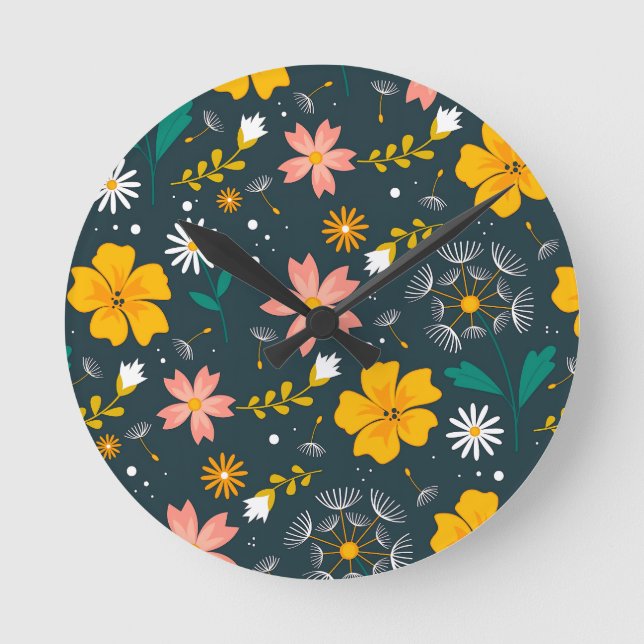 Marine Blumen-Garten Whimsical Frühlingsmuster Runde Wanduhr (Vorderseite)