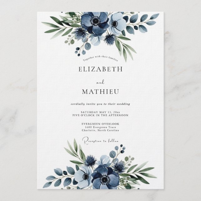 Marine Blumen Hochzeit Einladung (Vorderseite)