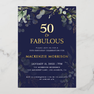 Marine-Botanical-Fünfzig-und-fabelhafte-Birthday-P Folieneinladung