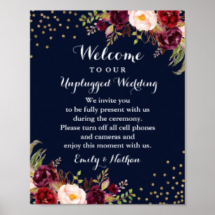 Marine Burgund Gold Blumen Hochzeitsschild ohne Ha Poster